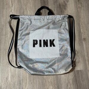 PINK Victoria's‎ Secret Silver Holographic Iridescent Drawstring Backpack Y2K